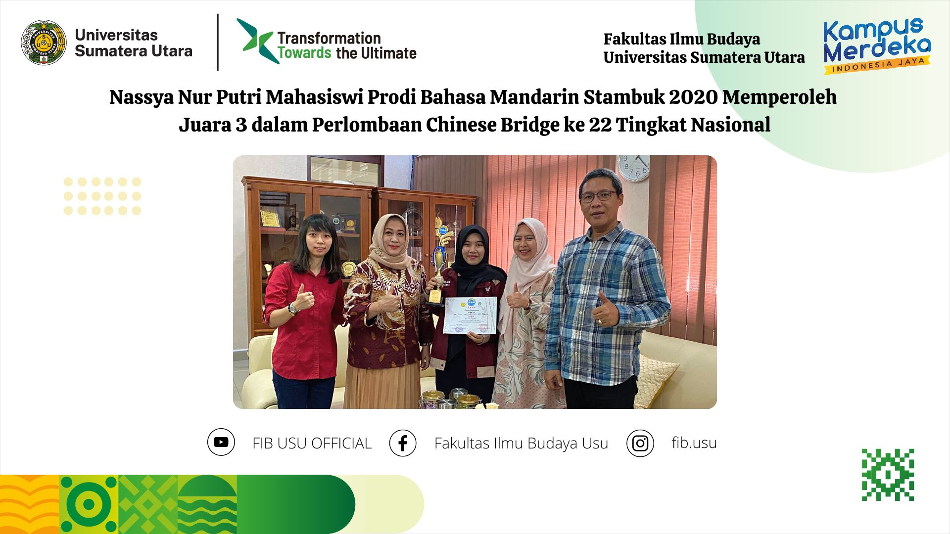 Nassya Nur Putri Mahasiswi Prodi Bahasa Mandarin Stambuk 2020 Memperoleh Juara 3 dalam Perlombaan Chinese Bridge ke 22 Tingkat Nasional